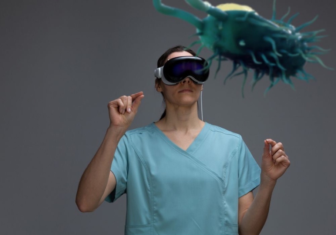 A clinician in scrubs surrounded by virus particles, from the OCD contamination library