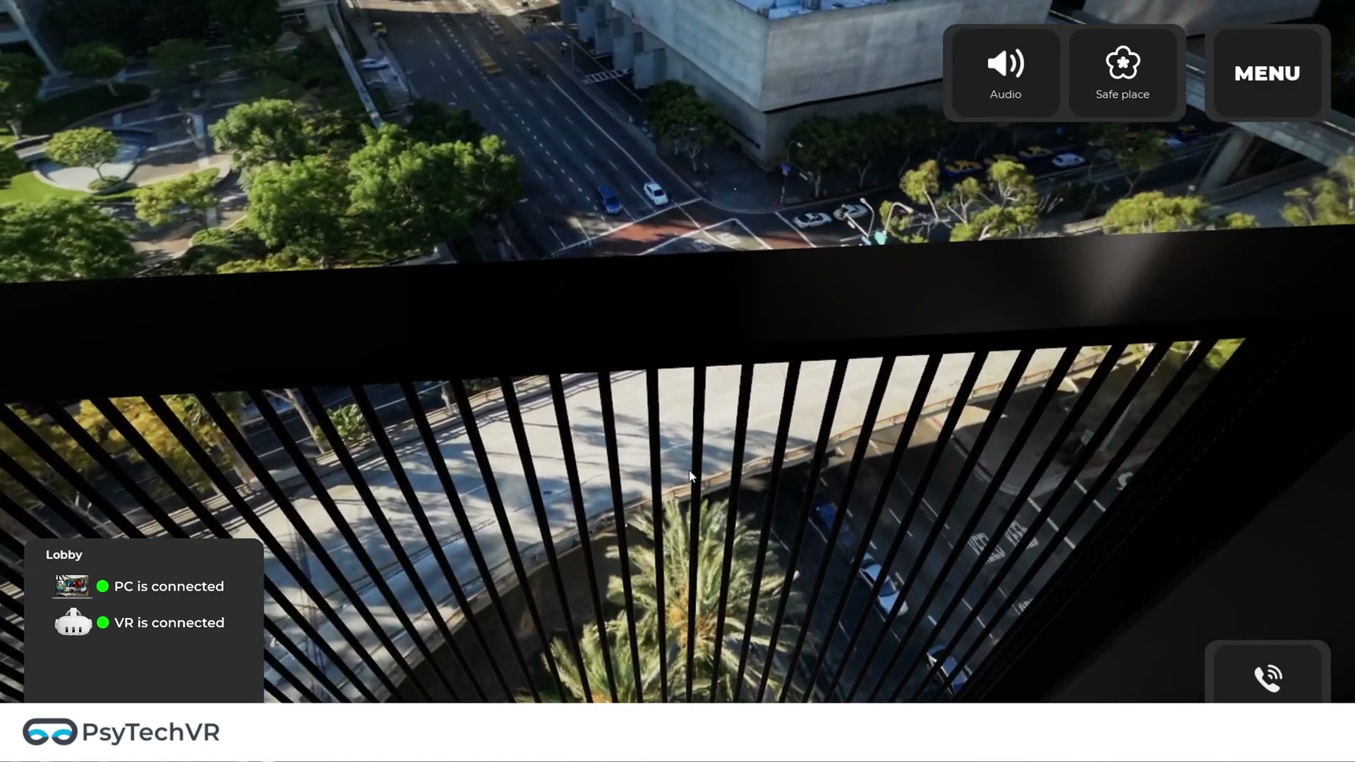 Live therapist view of a client's balcony scenario, with PC and VR headset connection status