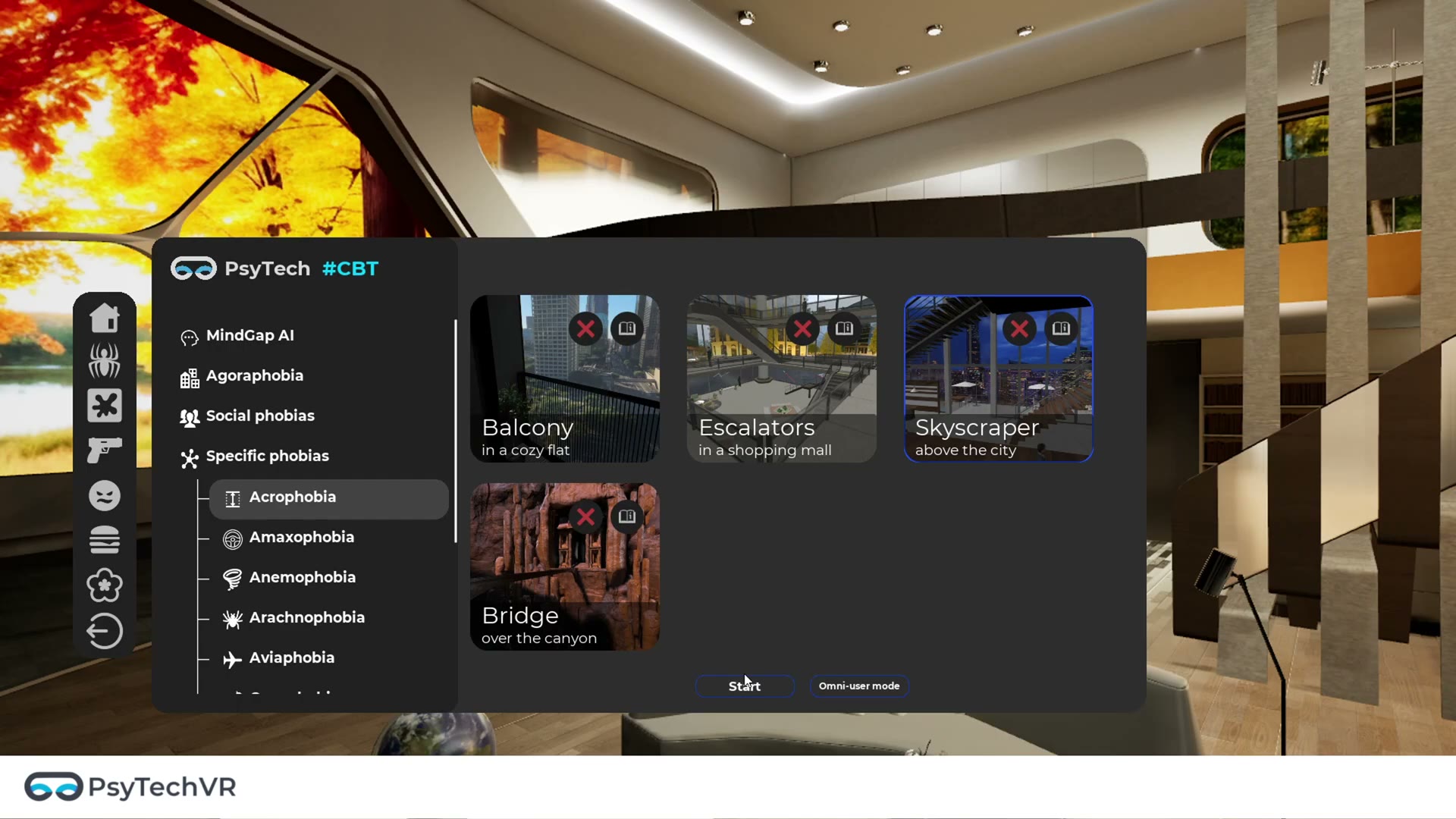 The PsyTech VR scenario catalog: phobia categories with Balcony, Escalators, Skyscraper, and Bridge scenarios