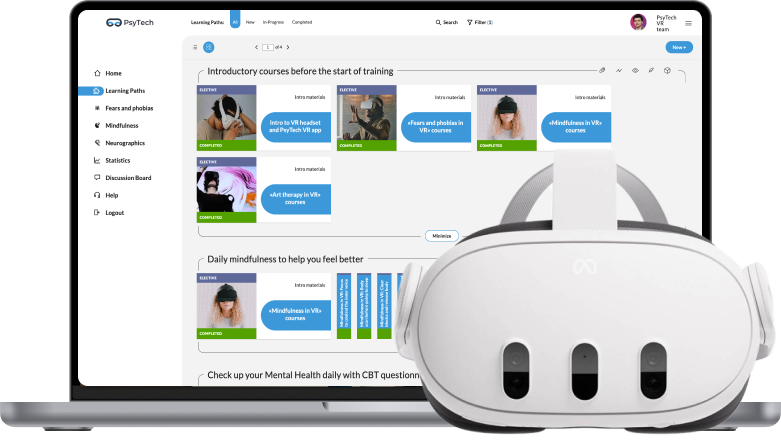 The PsyTech VR learning platform showing implementation courses and CBT questionnaires