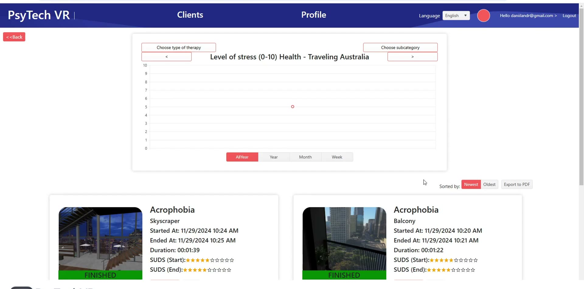 PsyTech VR client records: session history with start and end distress ratings and a stress-level chart