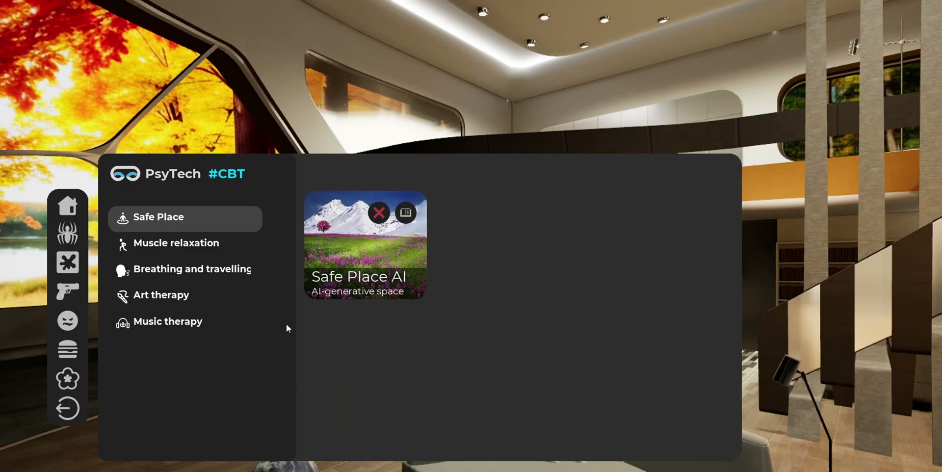 The Safe Place AI interface inside PsyTech VR, generating a personalized calm environment